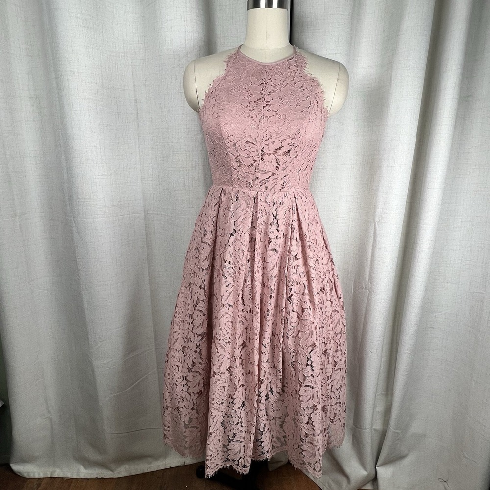 NEW! ASOS Lace Pinny Scallop Edge Prom Midi Halter Dress Blush Pink A Line Sz 2